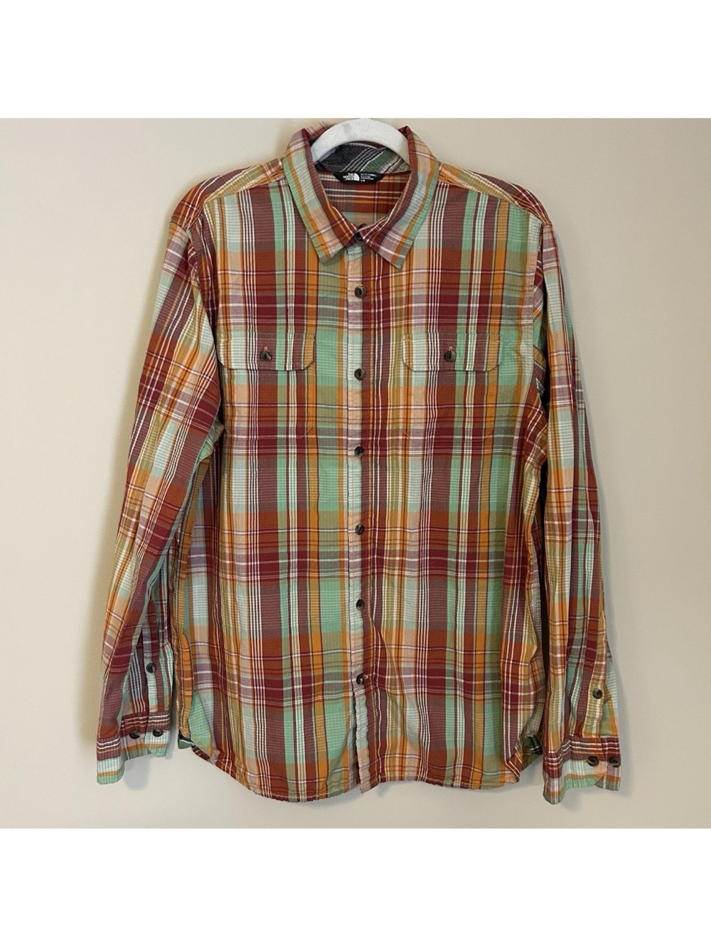 The North Face Plaid Shirt Men's Large Ridgecrest Button Up Orange Green